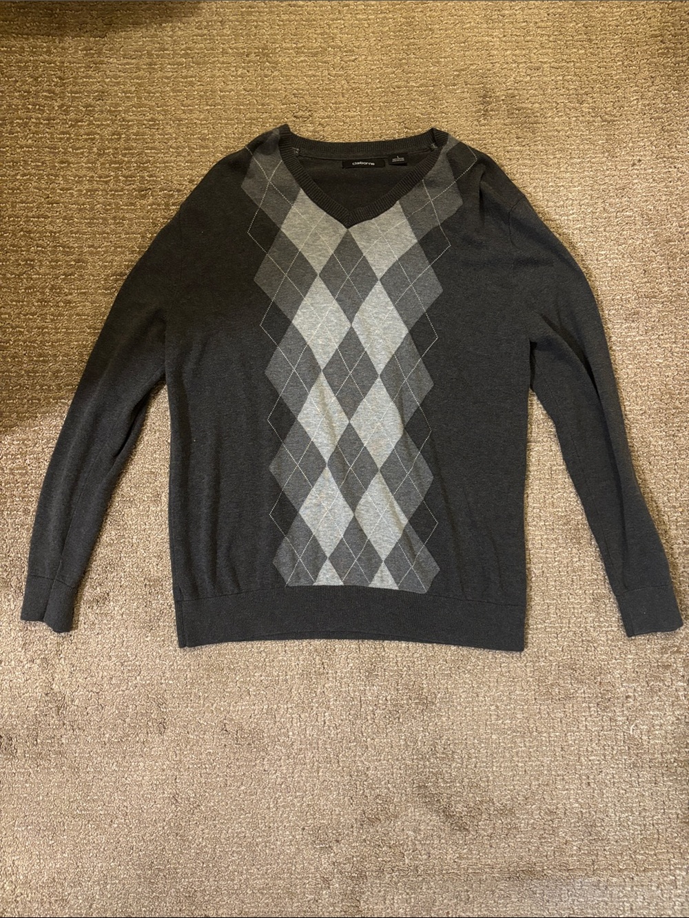 Claiborne Men’s Large Gray Argyle V-Neck 100% Cotton Sweater